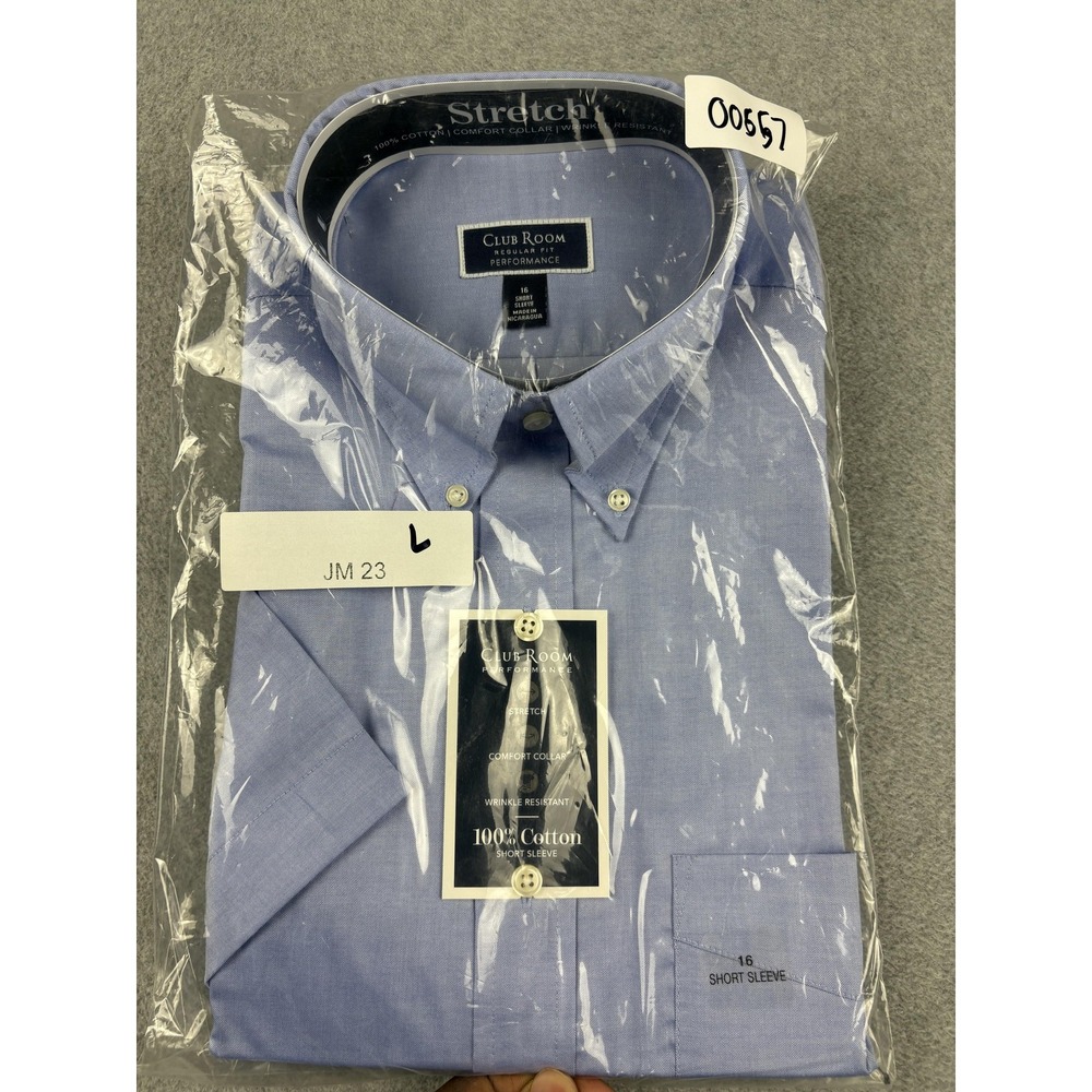 Club Room Shirt Mens Large 16 Blue Stretch Regular Fit Short Sleeve Performance